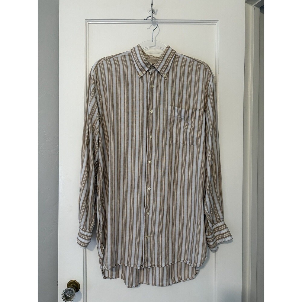 Peter Millar 100% Linen Button Down Medium Relaxed Brown White Stripe Coastal